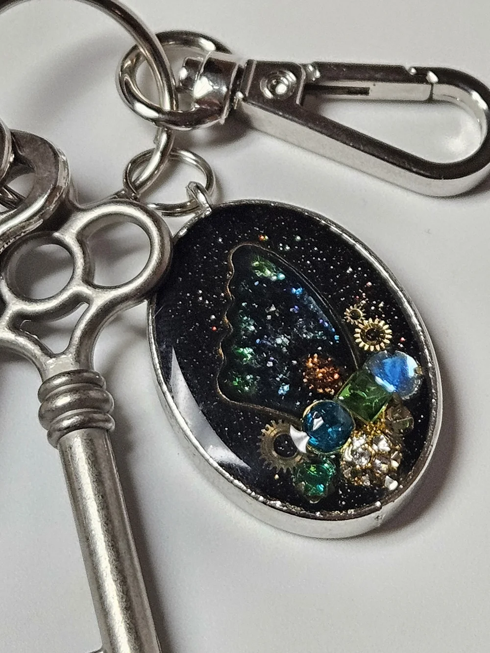 Handmade Iridescent Blue-Green Butterfly Keychain Card Holder Charm